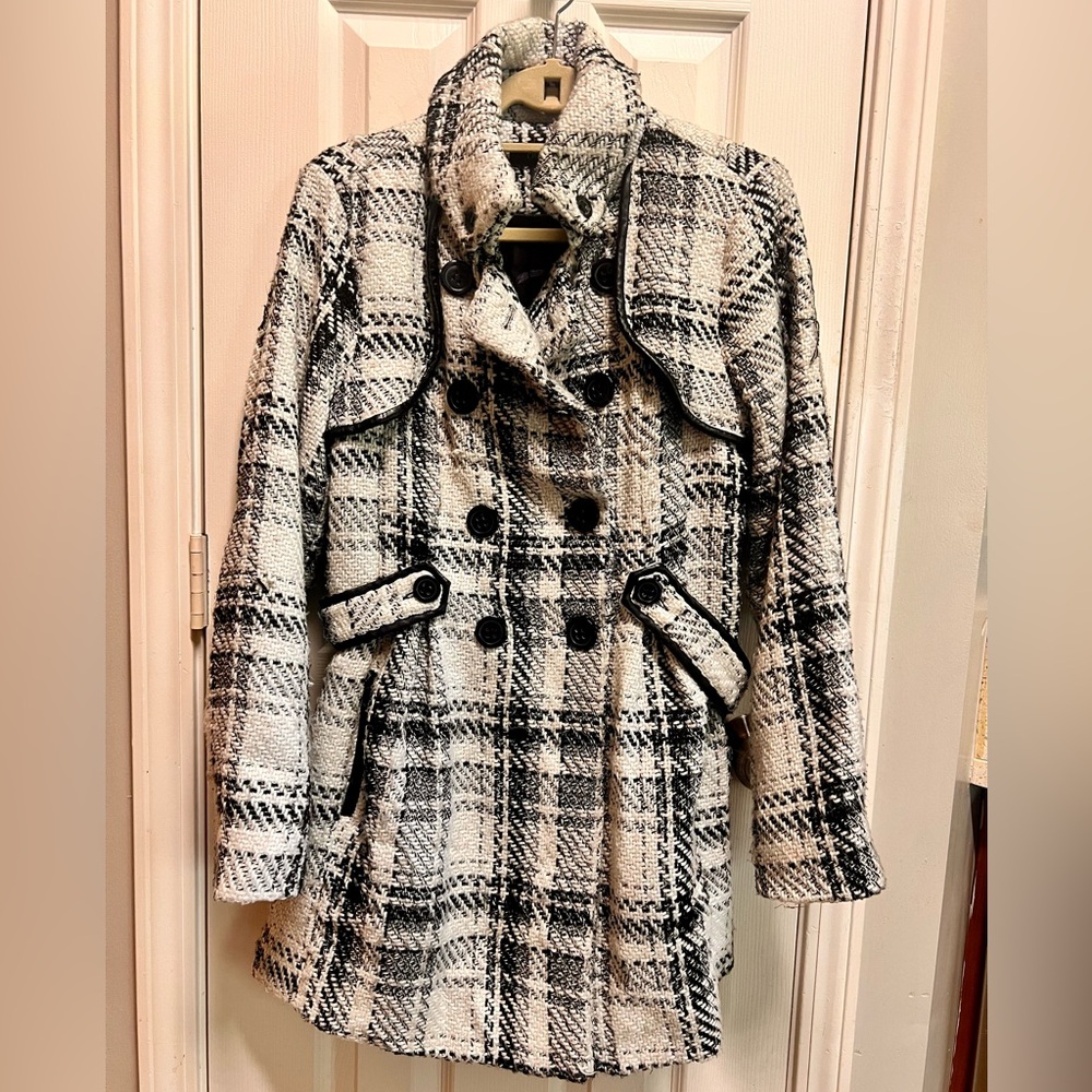 BCX Black and White Plaid Pea Coat